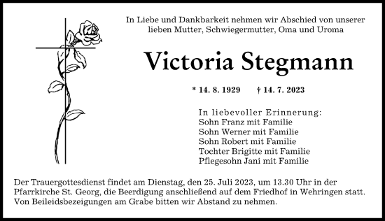 Traueranzeige von Victoria Stegmann von Augsburger Allgemeine