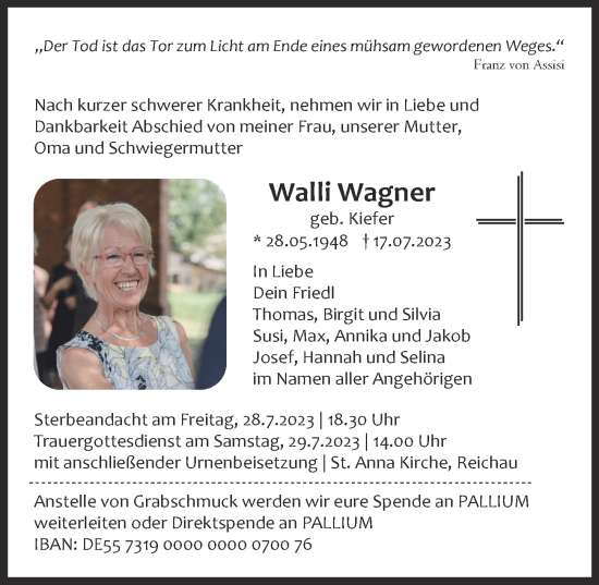 Traueranzeige von Walli Wagner von Illertisser Zeitung