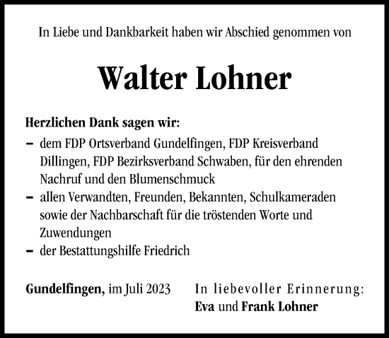 Traueranzeige von Walter Lohner von Donau Zeitung