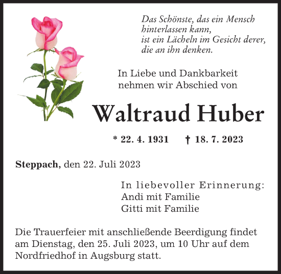Traueranzeige von Waltraud Huber von Augsburger Allgemeine