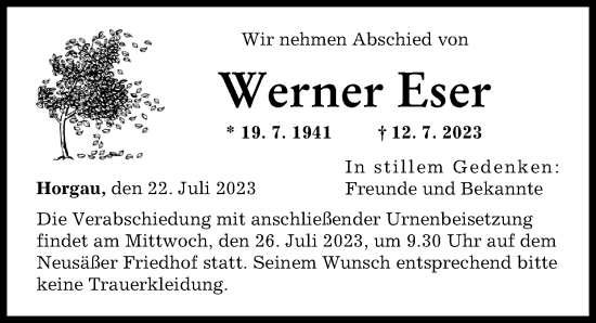 Traueranzeige von Werner Eser von Augsburger Allgemeine