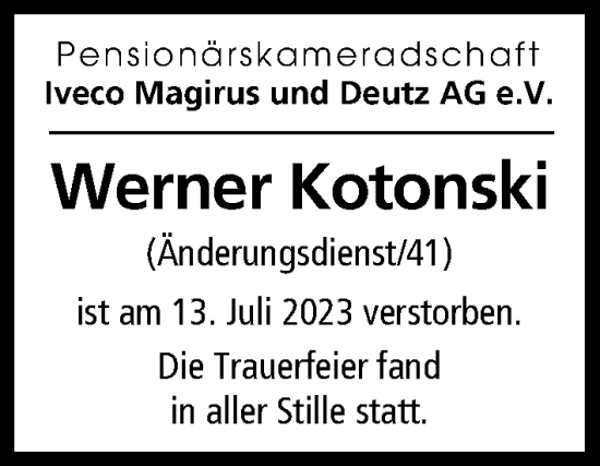 Traueranzeige von Werner Kotonski von Illertisser Zeitung, Günzburger Zeitung, Neu-Ulmer Zeitung