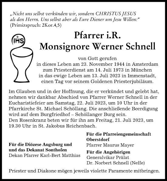 Traueranzeige von Werner Schnell von Augsburger Allgemeine