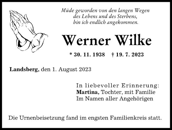 Traueranzeige von Werner Wilke von Landsberger Tagblatt