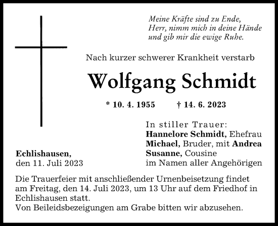 Traueranzeige von Wolfgang Schmidt von Günzburger Zeitung
