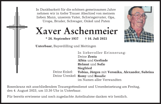 Traueranzeige von Xaver Aschenmeier von Aichacher Nachrichten