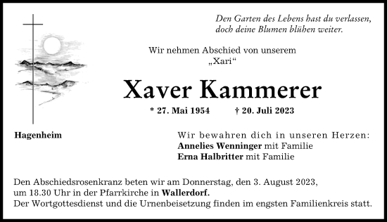 Traueranzeige von Xaver Kammerer von Neuburger Rundschau, Donauwörther Zeitung
