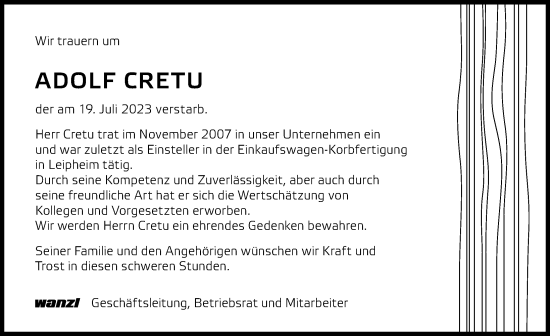 Traueranzeige von Adolf Cretu von Günzburger Zeitung