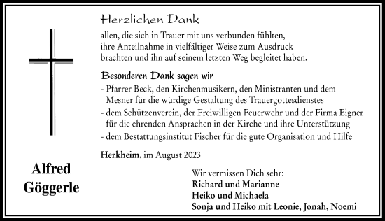 Traueranzeige von Alfred Göggerle von Rieser Nachrichten