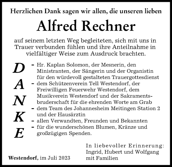 Traueranzeige von Alfred Rechner von Augsburg-Land