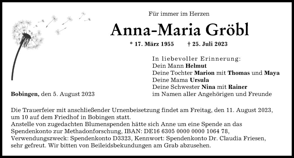  Traueranzeige für Anna-Maria Gröbl vom 05.08.2023 aus Schwabmünchner Allgemeine