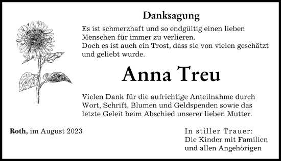 Traueranzeige von Anna Treu von Neu-Ulmer Zeitung