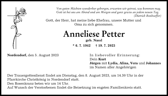 Traueranzeige von Anneliese Petter von Augsburg-Land