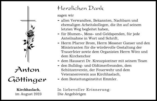Traueranzeige von Anton Göttinger von Illertisser Zeitung