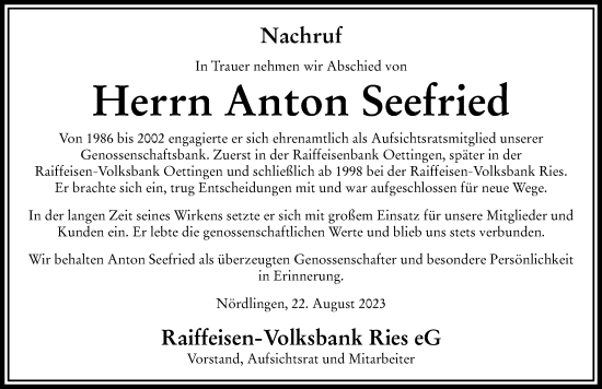 Traueranzeige von Anton Seefried von Rieser Nachrichten