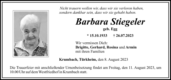 Traueranzeige von Barbara Stiegeler von Mindelheimer Zeitung