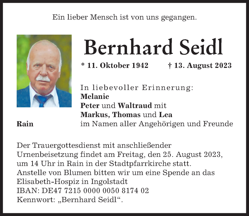  Traueranzeige für Bernhard Seidl vom 21.08.2023 aus Neuburger Rundschau