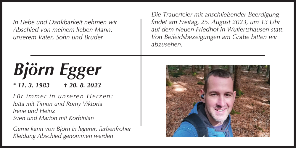  Traueranzeige für Björn Egger vom 23.08.2023 aus Augsburger Allgemeine