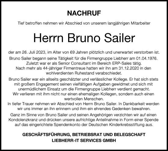 Traueranzeige von Bruno Sailer von Illertisser Zeitung