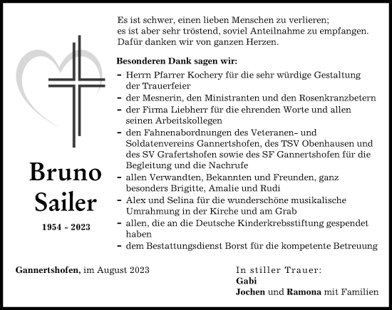 Traueranzeige von Bruno Sailer von Illertisser Zeitung, Neu-Ulmer Zeitung