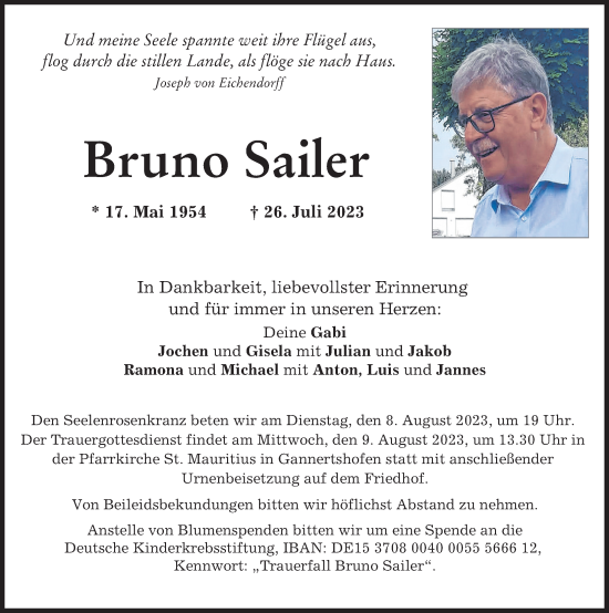 Traueranzeige von Bruno Sailer von Neu-Ulmer Zeitung, Illertisser Zeitung