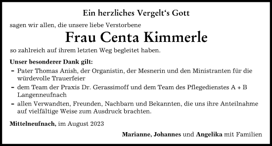 Traueranzeige von Centa Kimmerle von Schwabmünchner Allgemeine, Mindelheimer Zeitung