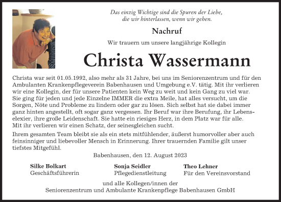 Traueranzeige von Christa Wassermann von Illertisser Zeitung