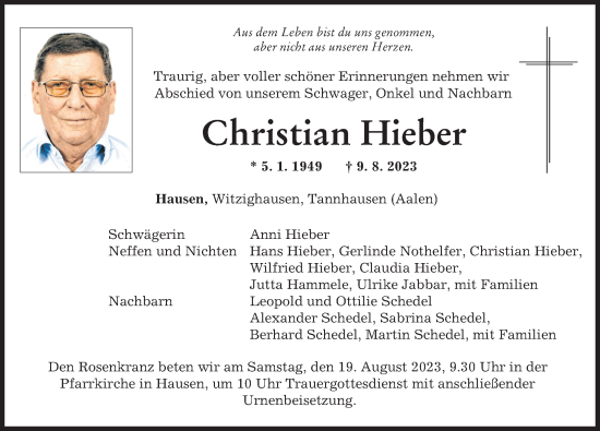 Traueranzeige von Christian Hieber von Mittelschwäbische Nachrichten, Günzburger Zeitung