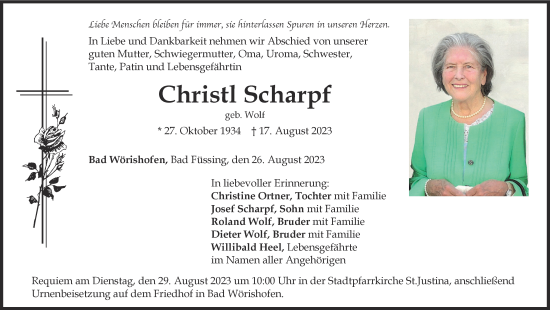 Traueranzeige von Christl Scharpf von Mindelheimer Zeitung