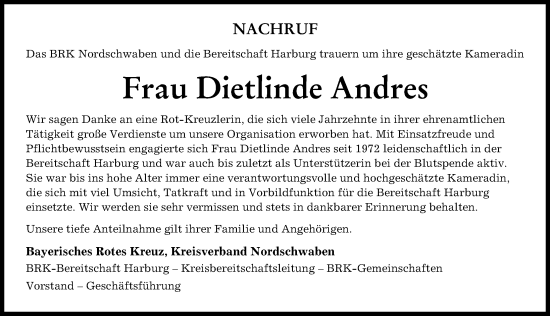 Traueranzeige von Dietlinde  Andres von Donauwörther Zeitung