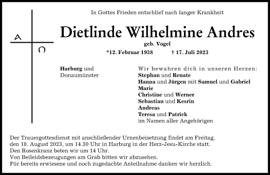 Traueranzeige von Dietlinde  Andres von Rieser Nachrichten, Donauwörther Zeitung