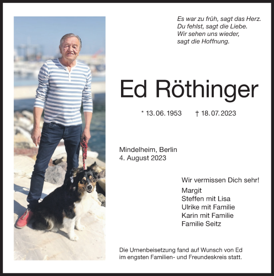 Traueranzeige von Ed Röthinger von Mindelheimer Zeitung
