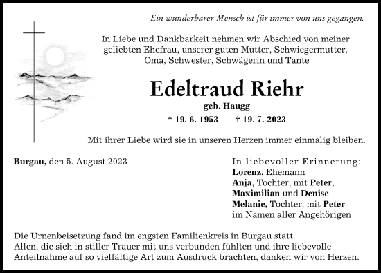 Traueranzeige von Edeltraud Riehr von Günzburger Zeitung
