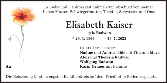 Traueranzeige von Elisabeth Kaiser von Illertisser Zeitung