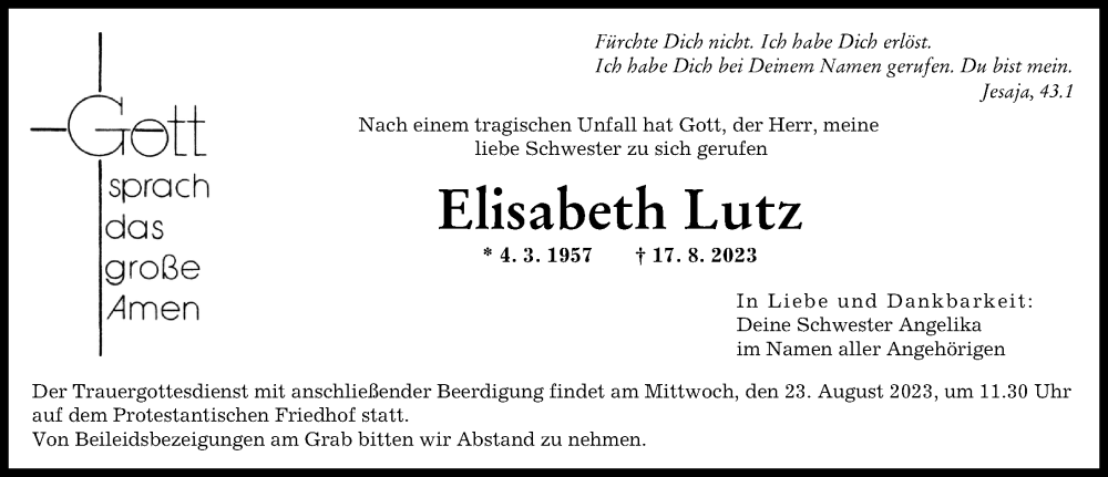  Traueranzeige für Elisabeth Lutz vom 19.08.2023 aus Augsburger Allgemeine