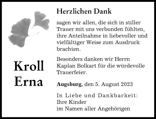 Traueranzeige von Erna Kroll von Augsburger Allgemeine