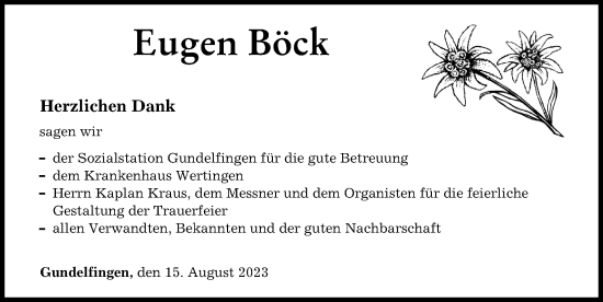 Traueranzeige von Eugen Böck von Donau Zeitung
