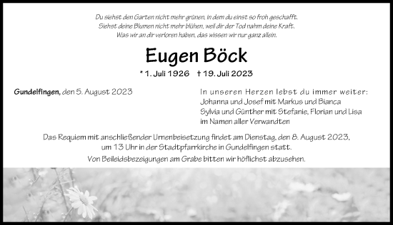 Traueranzeige von Eugen Böck von Donau Zeitung