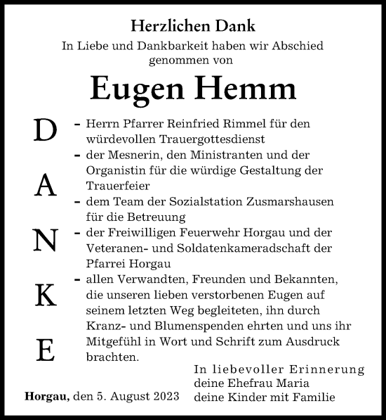 Traueranzeige von Eugen Hemm von Augsburg-Land