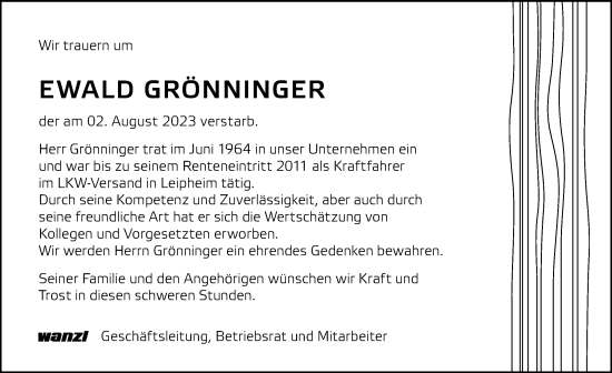 Traueranzeige von Ewald Grönninger von Günzburger Zeitung