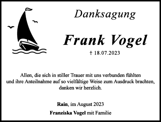 Traueranzeige von Frank Vogel von Donauwörther Zeitung