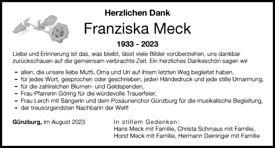 Traueranzeige von Franziska Meck von Günzburger Zeitung