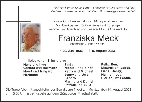 Traueranzeige von Franziska Meck von Günzburger Zeitung