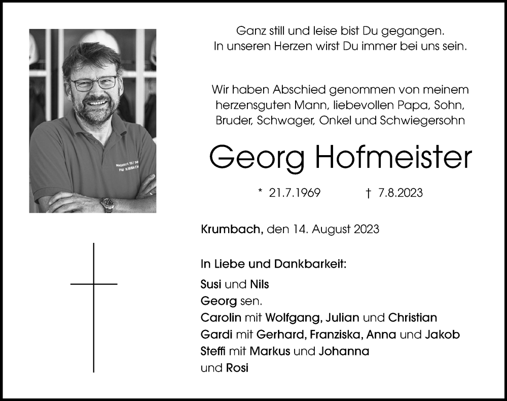  Traueranzeige für Georg Hofmeister vom 14.08.2023 aus Mittelschwäbische Nachrichten