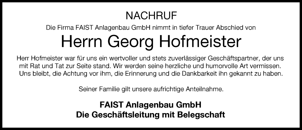  Traueranzeige für Georg Hofmeister vom 19.08.2023 aus Mittelschwäbische Nachrichten