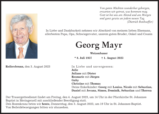 Traueranzeige von Georg Mayr von Friedberger Allgemeine