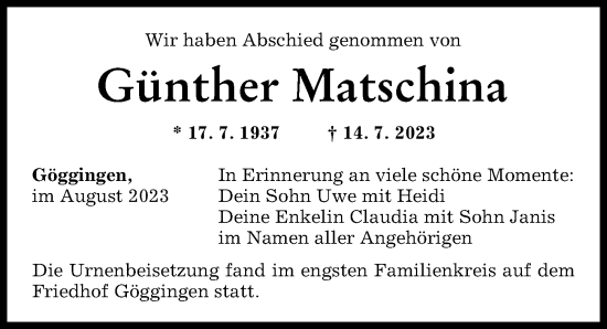 Traueranzeige von Günther Matschina von Augsburger Allgemeine