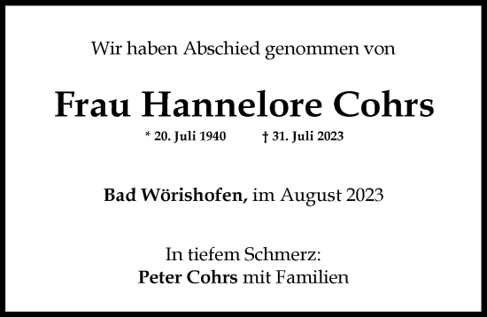 Traueranzeige von Hannelore Cohrs von Mindelheimer Zeitung