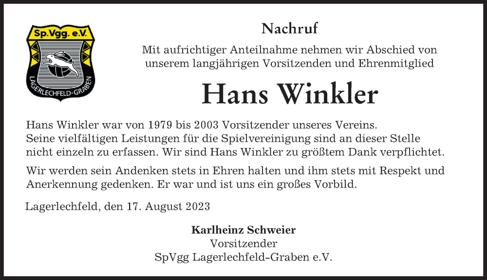  Traueranzeige für Hans Winkler vom 17.08.2023 aus Schwabmünchner Allgemeine