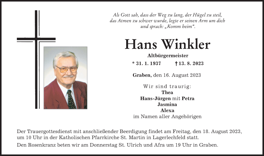  Traueranzeige für Hans Winkler vom 16.08.2023 aus Schwabmünchner Allgemeine